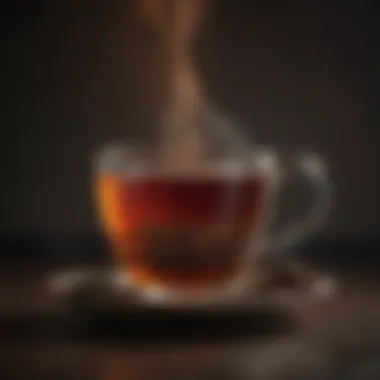 Rich Brew of Fermented Pu Erh Tea A steaming cup of brewed pu erh tea with a rich, dark hue indicating its robust flavor.
