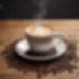 A steaming cup of coffee placed on a rustic wooden table, surrounded by coffee beans.