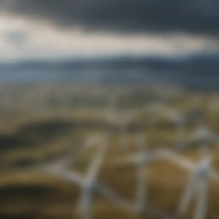 Aerial view of a vast wind farm with numerous turbines against a scenic landscape