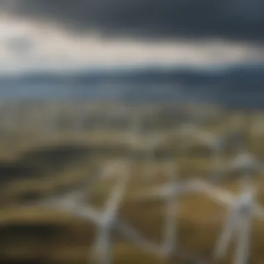 Vast Wind Farm Landscape Aerial view of a vast wind farm with numerous turbines against a scenic landscape