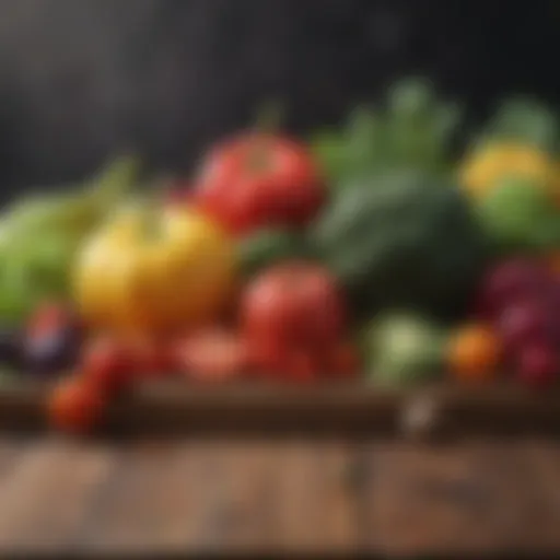 A colorful array of fresh vegetables and fruits on a wooden table, showcasing the diversity of vegetarian options.