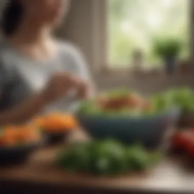 A serene setting with an individual meditating with a bowl of salad, symbolizing mindfulness in dietary choices.