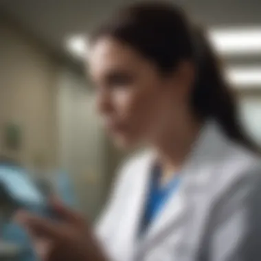 Healthcare Professionals Utilizing EHR Technology Healthcare professionals interacting with EHR technology in a clinical setting.