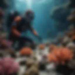 An underwater researcher conducting experiments in a coral reef ecosystem