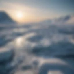 A breathtaking view of the Arctic landscape during polar day, showcasing bright sunlight illuminating the ice and snow.