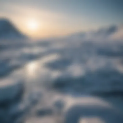 A breathtaking view of the Arctic landscape during polar day, showcasing bright sunlight illuminating the ice and snow.