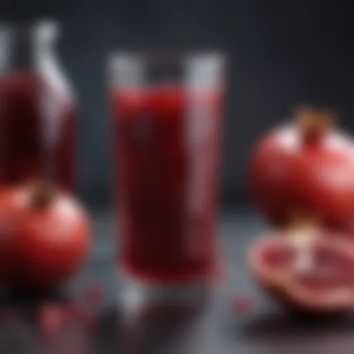 A glass of pomegranate juice with fresh pomegranates in the background