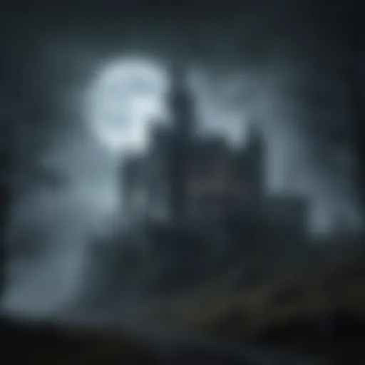 A dark, eerie castle shrouded in mist under a full moon.