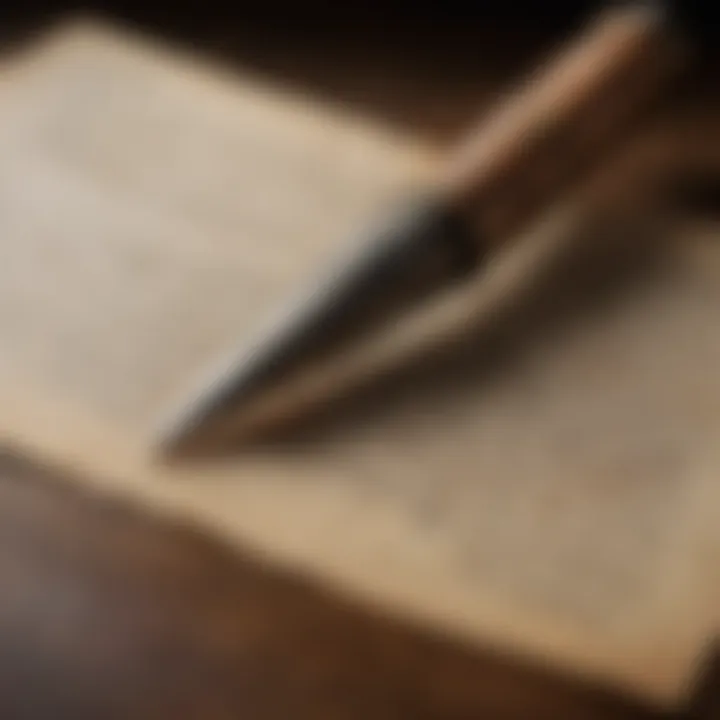 A close-up of a quill pen resting on aged parchment, symbolizing literary creation.