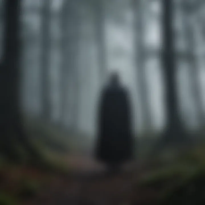 A shadowy figure standing at the edge of a foggy forest.