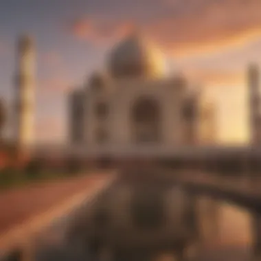 The intricate architecture of the Taj Mahal at sunset