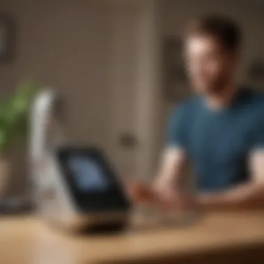 User interacting with a stand-alone blood pressure machine at home