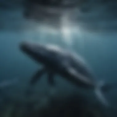 A vibrant underwater scene showcasing humpback whales feeding