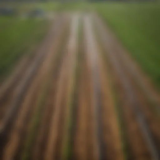 Aerial view of a farm showcasing various irrigation techniques.