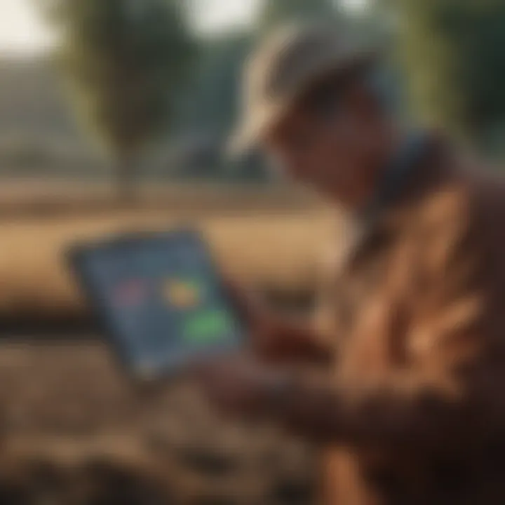 A farmer analyzing financial data on a tablet