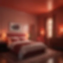 A serene bedroom illuminated by soft red light