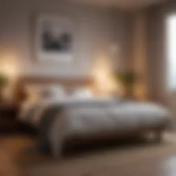 A serene bedroom environment with soft lighting and a music player