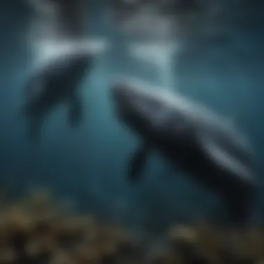 An underwater view showcasing old whales interacting with their environment.