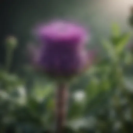 Close-up of milk thistle plant showcasing its distinctive purple flowers and green leaves, symbolizing its natural properties.