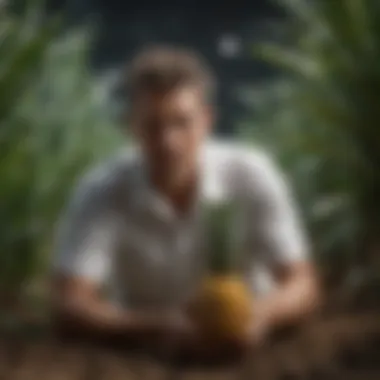 Researcher examining pineapple plants in a controlled agricultural setting.