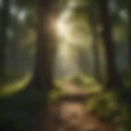 A serene landscape showcasing sunlight filtering through trees