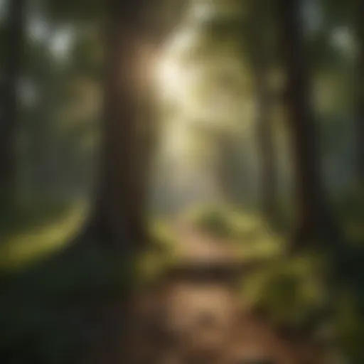 A serene landscape showcasing sunlight filtering through trees