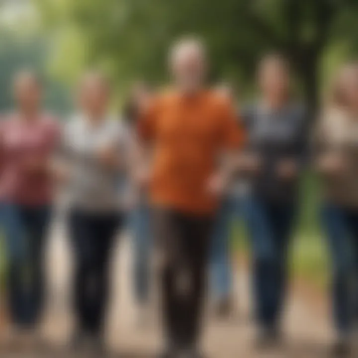 An inviting scene of a community walking group in motion